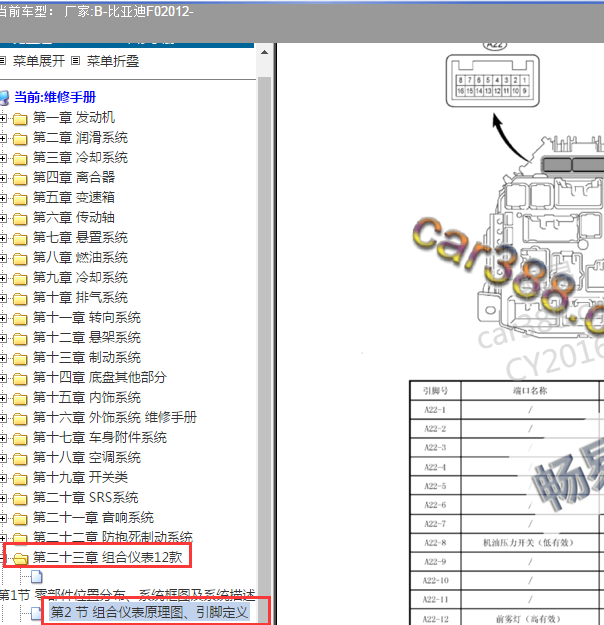 2012年比亚FO的仪表针脚定义图