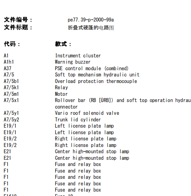 2001年奔驰SLK20敞篷电路图