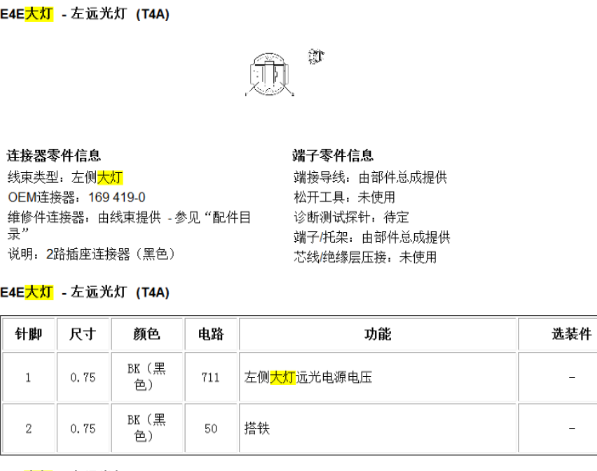 别克君威大灯针脚定义