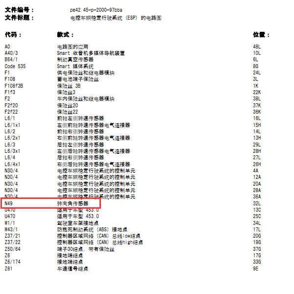 2015年奔驰SMART转向角传感器电路图