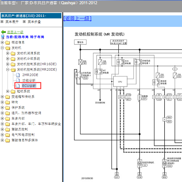 2011-2012年日产逍客MR20发动机冷却风扇电路图