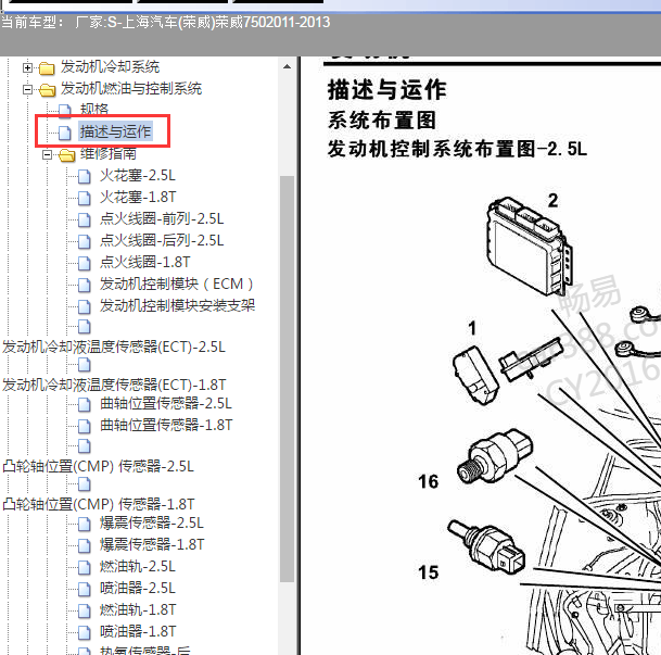2011年荣威750 2.5发动机电气部件部位图.