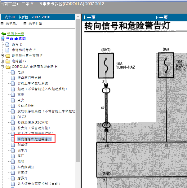 2007-2010年丰田卡罗拉转向灯电路图