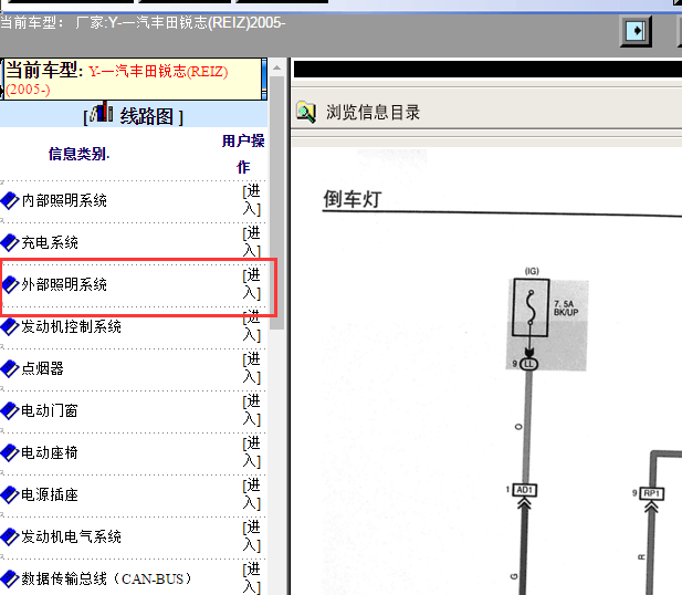 2005年丰田锐志倒车灯电路图