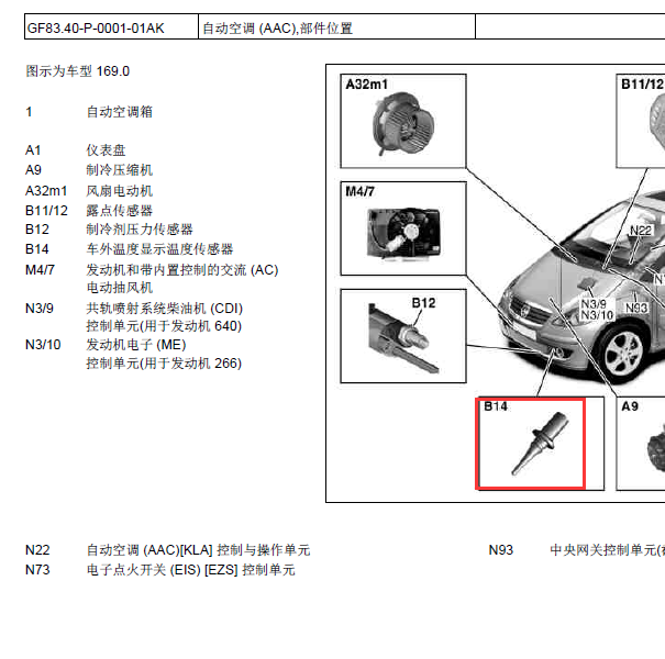 奔驰B200 室外温度传感器位置