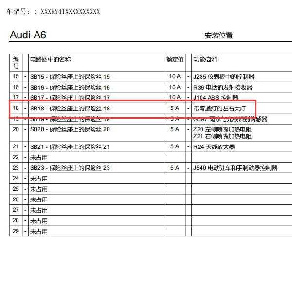 2011年奥迪A6保险丝位置