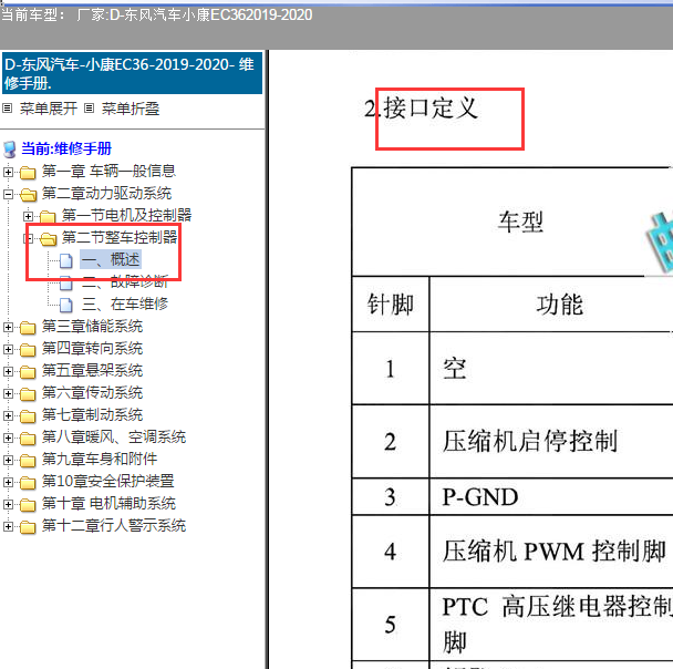 2019-2020东风EC36整车控制器针脚
