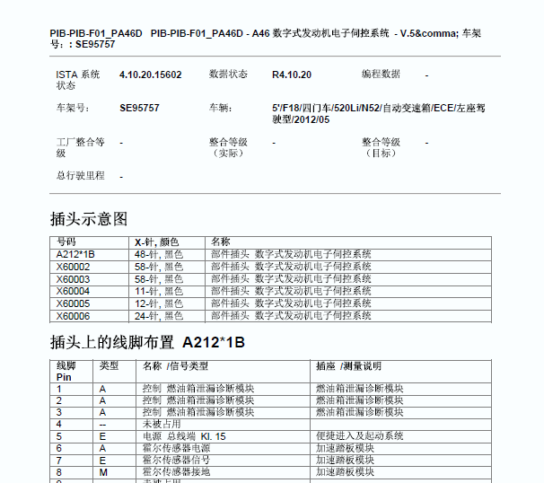 2012年宝马525Li发动机针脚资料
