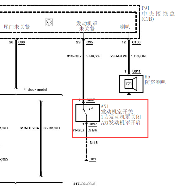 福特福克斯发动机罩开关电路图