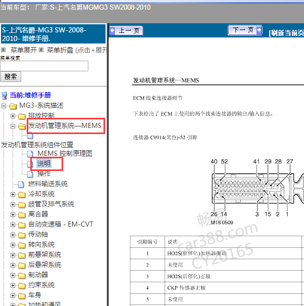 2008-2010年名爵MG3SW 发动机针脚