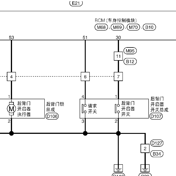 2010年日产骐达后备箱锁电路图