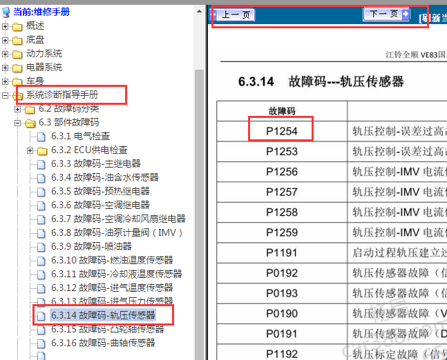 2010-2011年江铃全顺P1254故障码