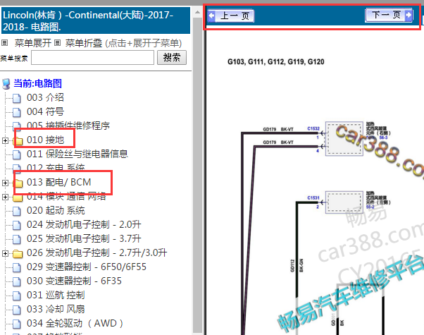 2017-2018年福特林肯大陆接地和电源电路图