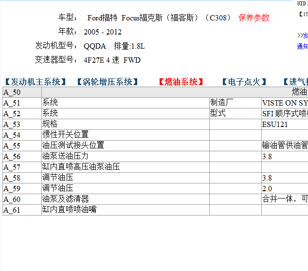 2005-2012年福克斯1.8发动机燃油压力