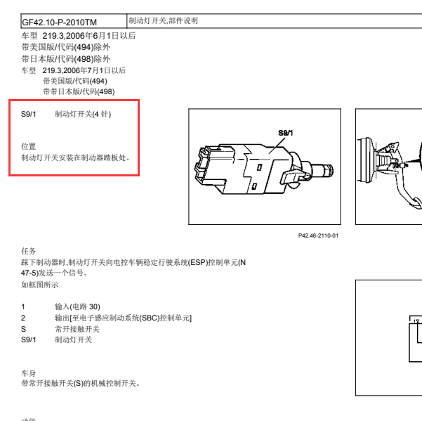 2007年奔驰CLS350元件 S9/1 停车灯开关 的安装位置