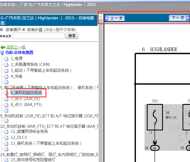 15年丰田汉兰达停机和起动系统电路图