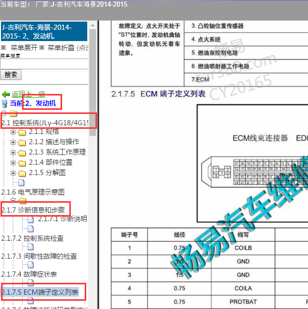 2015年吉利海景发动机电脑板插头针脚定义