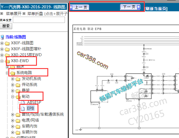 2016年一汽奔腾X80电子手刹系统电路图