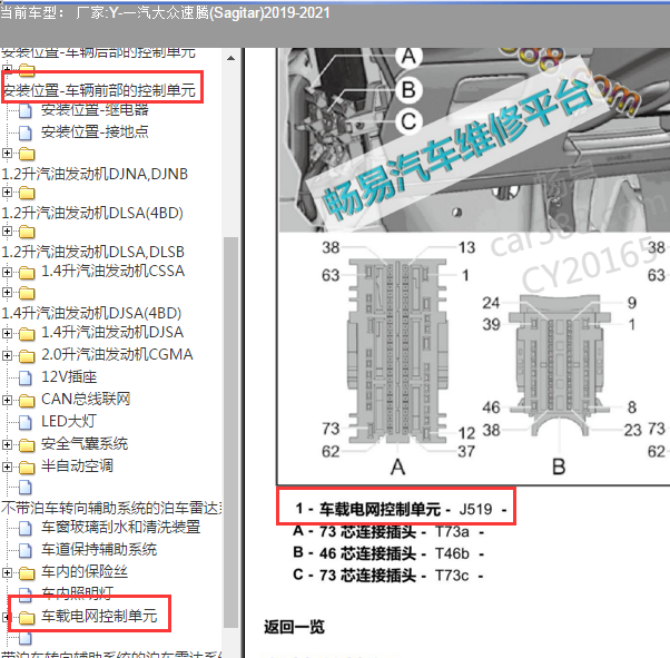 2019-2021年大众速腾网关模块针脚图