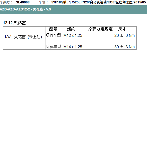 2015年宝马525 N20发动机 火花塞扭矩