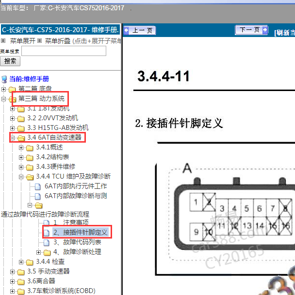 2016-2017年 长安CS75 6AT变速箱针脚.