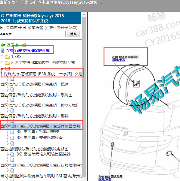 2016年本田奥德赛左侧BSI雷达单元指示灯的位置