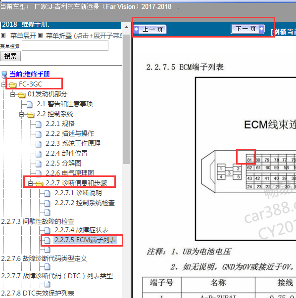2017-2018年吉利远景发动机针脚定义
