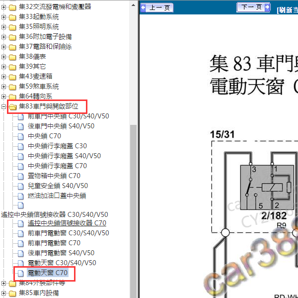 2008年沃尔沃C70天窗电路图