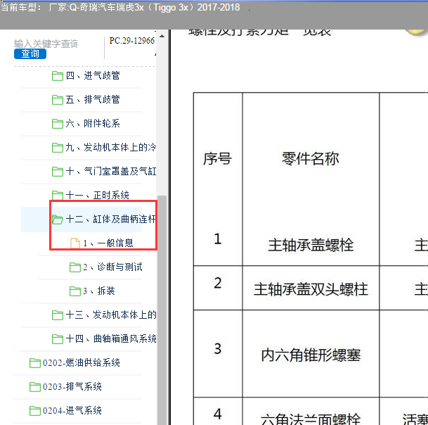2017-2018年奇瑞瑞虎3 SQRE4G15B发动机维修扭矩