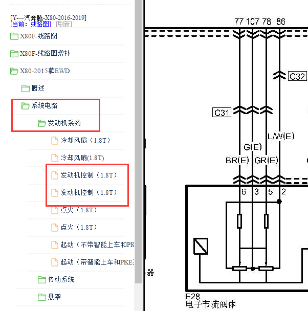 2015年奔腾X80  1.8节气门到发动机电脑版线路图