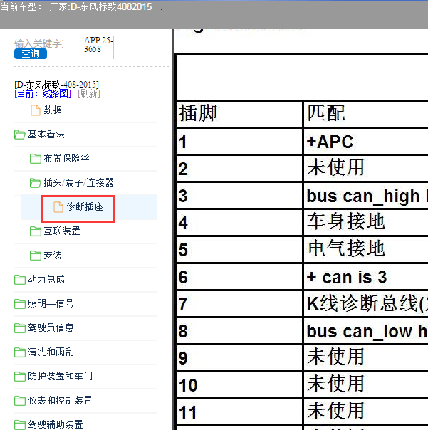 2015年标致408 OBD诊断插座针脚定义