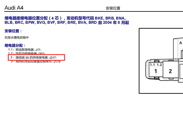 2004年奥迪A4继电器位置