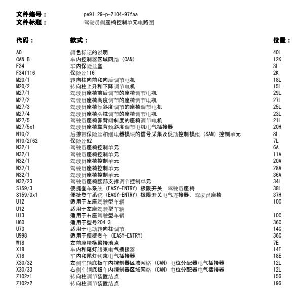 2011年奔驰C200座椅电路图