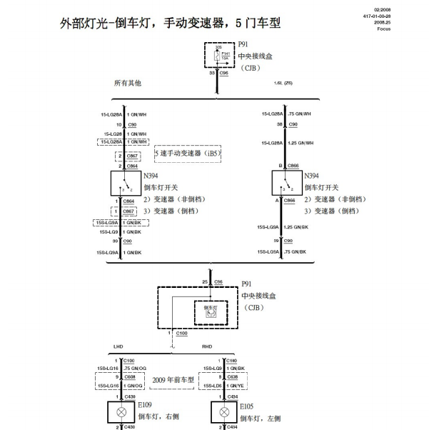 2008-2010年福特福克斯倒车灯电路图