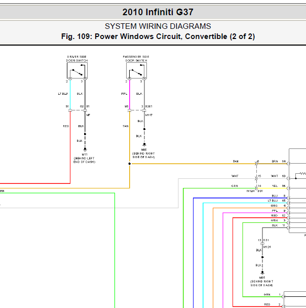 2010年英菲尼迪G37车窗电路图
