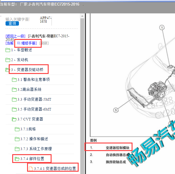 2016年吉利EC7变速箱模块位置