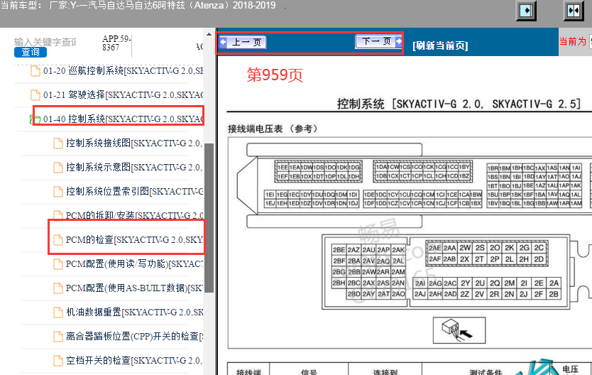 2018-2019年马自达阿特兹发动机针脚