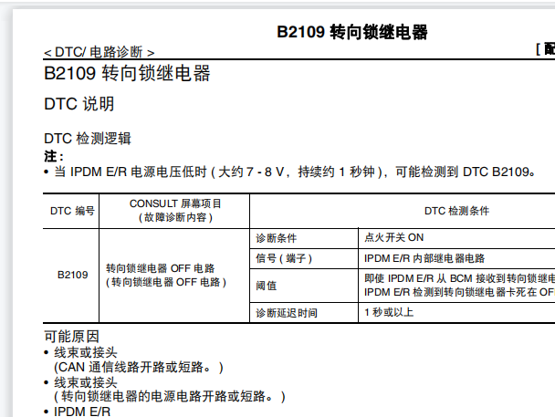 2016年日产骐达B2109故障码资料
