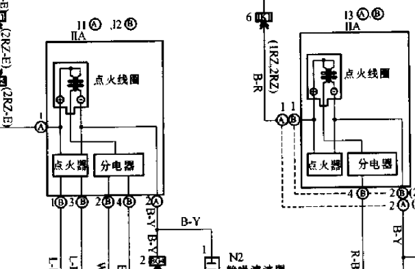 丰田2RZ发动机点火线圈和分电器电路图
