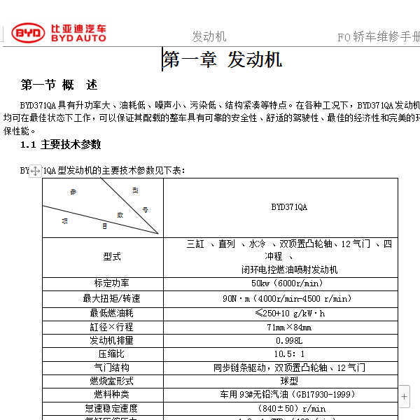 比亚迪F0 371发动机维修手册