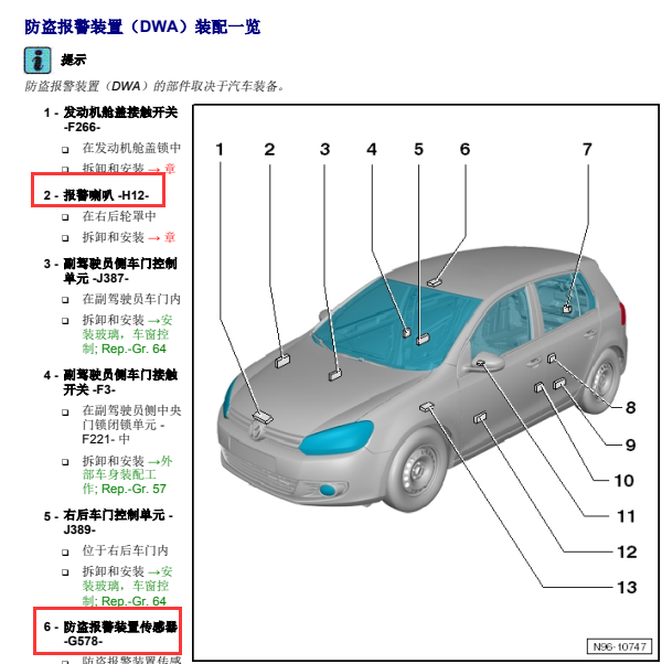 2012年大众高尔夫报警喇叭位置