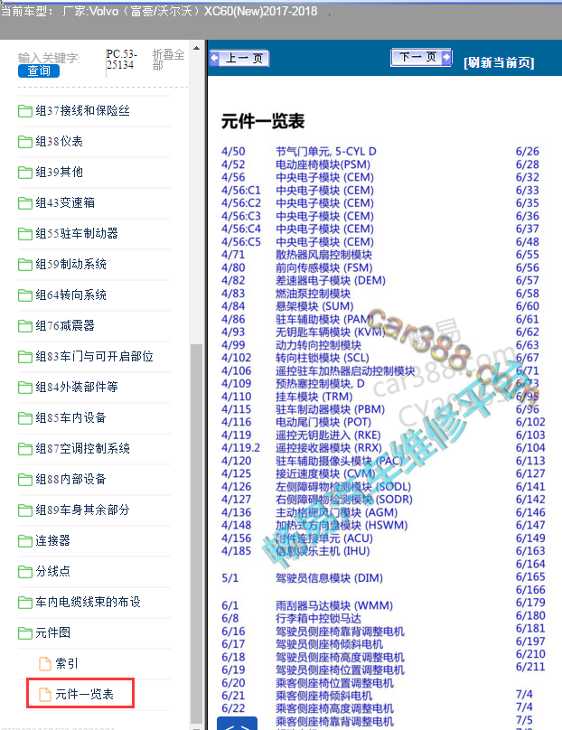 18年沃尔沃XC60元件代码说明