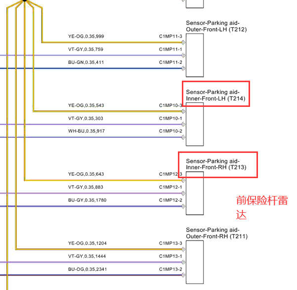 2014年路虎揽胜极光前保险杆雷达电路图