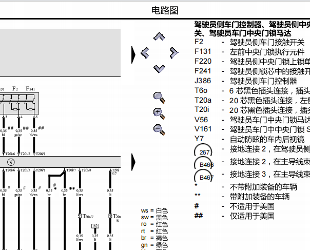 2010年奥迪A6 门锁电路图和针脚资料