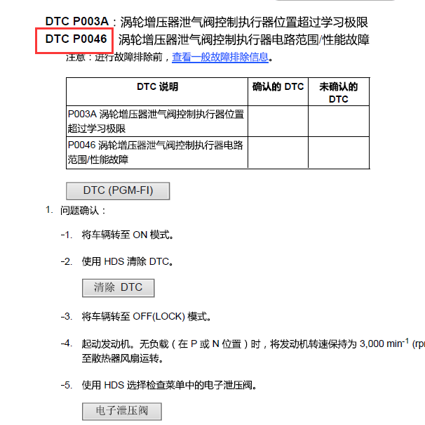 2018年本田UR-V P0046故障码维修资料