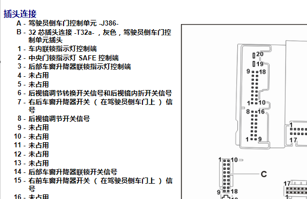 2011年大众帕萨特驾驶员侧车门控制单元插头针脚图
