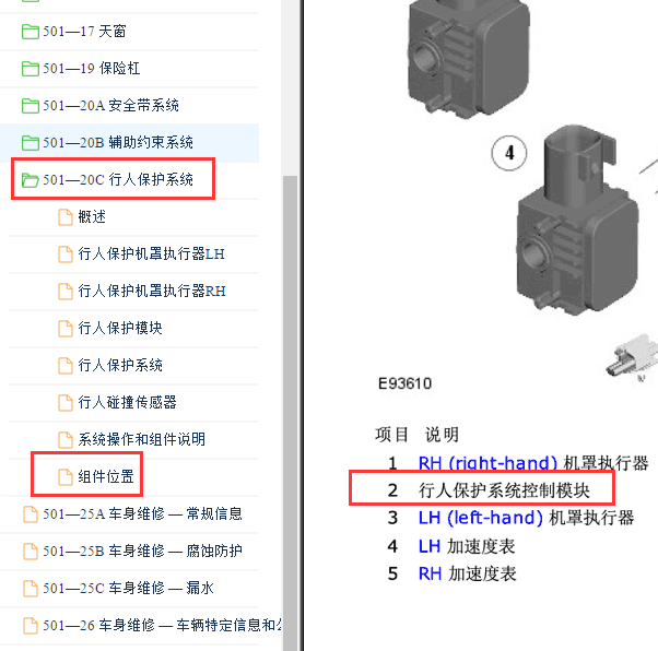 2010年捷豹XF行人保护模块位置
