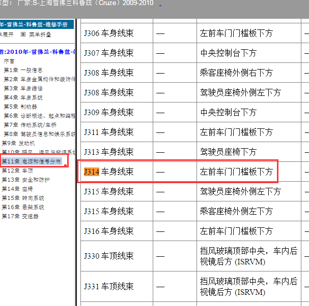 2009-2010年雪佛兰科鲁兹 J314线束位置
