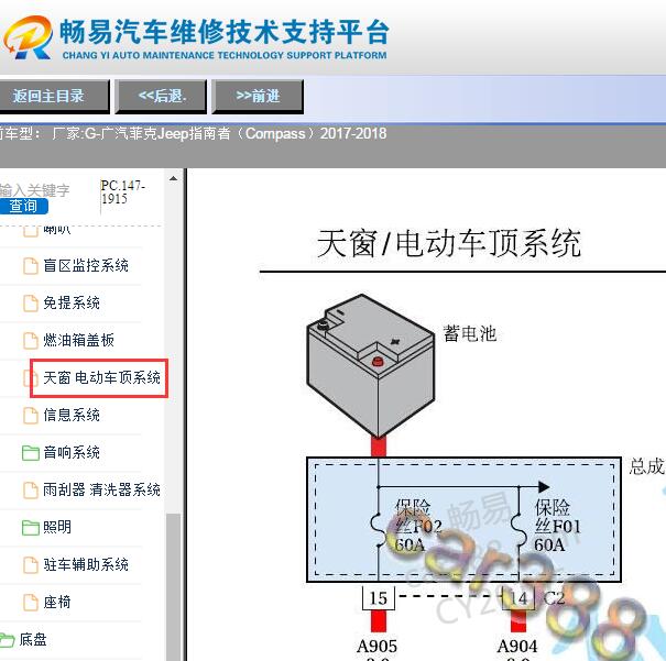 2017-2018年广汽菲克 指南者天窗电路图