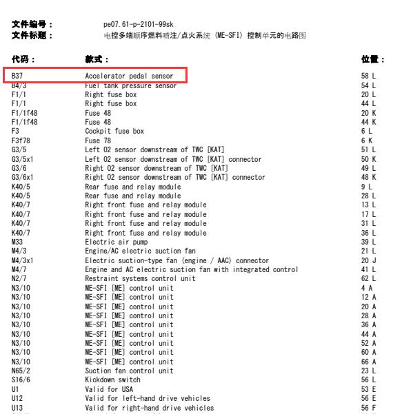 1999年奔驰S280油门踏板到发动机电脑电路图